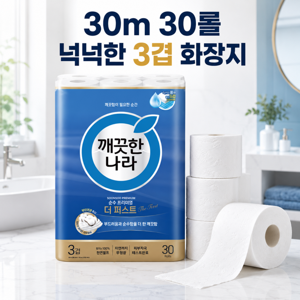 깨끗한나라 순수 프리미엄 더 퍼스트 천연펄프 3겹 화장지 30롤 제품 이미지